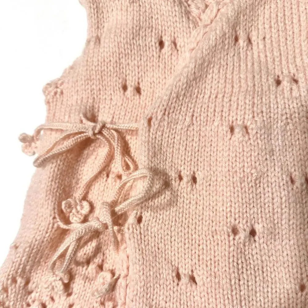 Toddler Girl Knitted Vest Pink String Closure String Eyelets Openwork Lace